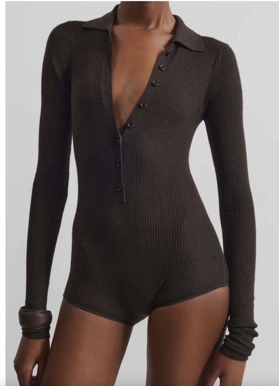 The Frankie Shop Solana Polo Bodysuit Brown Large Wool Silk Minimal Capsule